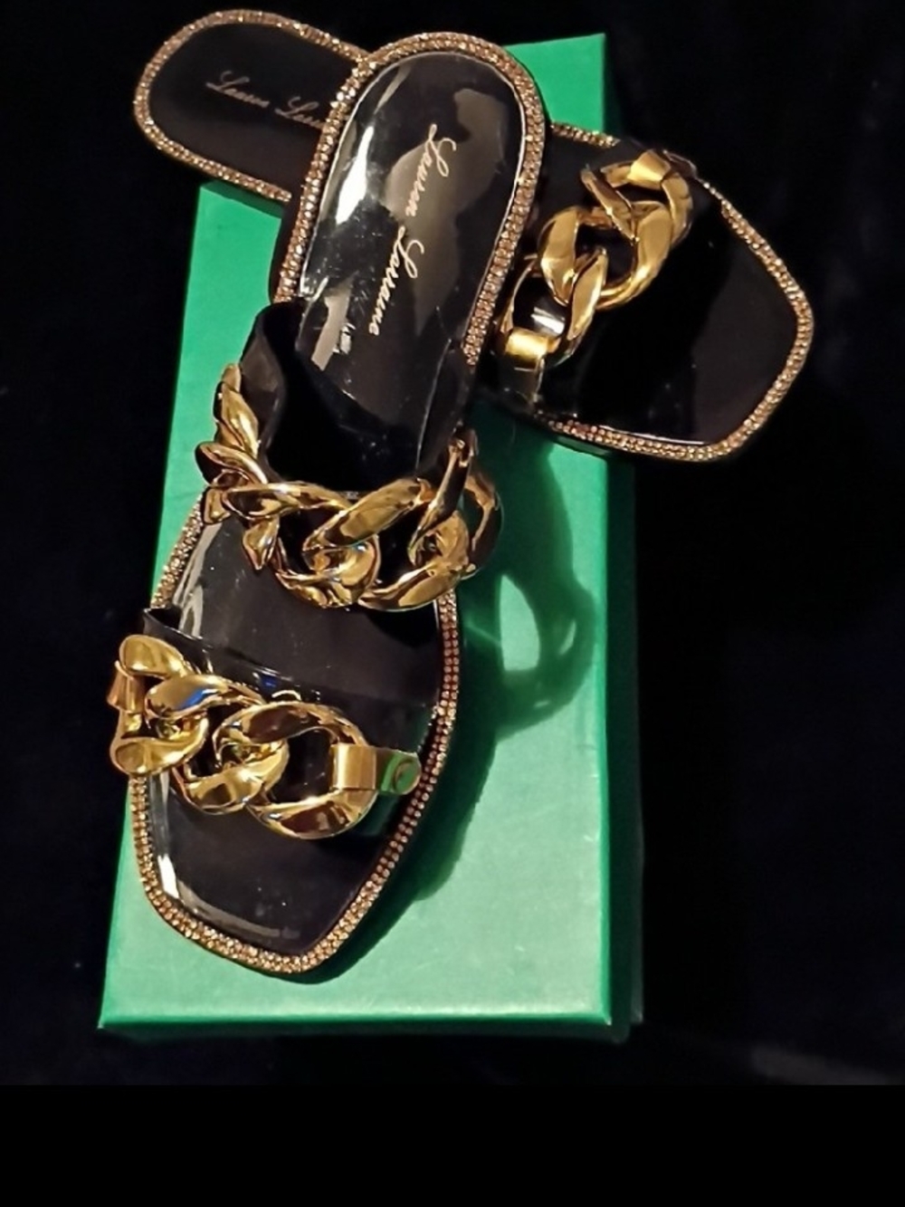 Lauren Lorraine Black Embellished Slides with Gold Chain Accent Size 6